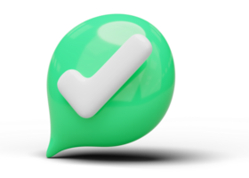 3d check mark bubble icon. Glossy speech balloon with white tick floating on transparent. Symbol Right, ok, yes, accept and safe concept. Cartoon icon minimal style. 3d rendering. png