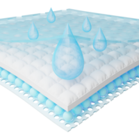 Close up of blue water drop fall onto absorbent pad. 3d moisture absorbing fiber sheets with 4 sections. Odor materials for baby, adult diapers, sanitary pad, absorbing cloth advertising. 3d render. png