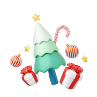 3d jul träd med gåva lådor, stjärna, boll, godis sockerrör. element av glad jul på transparent. särskild rabatter, befordran av marknadsföring begrepp. Semester ikon tecknad serie slät. 3d framställa. png