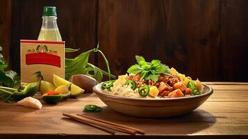 Top View of Hawaiian Dining with Chicken Diet Food Bowl with Pineapple and Spoon on Rustic Wooden Background. . photo