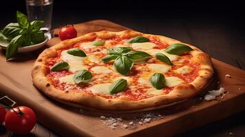 Close up Cravings Margherita Thin Chewy Crust, Tomato, Basil with Drink Glass on Rustic Wooden Table. . photo