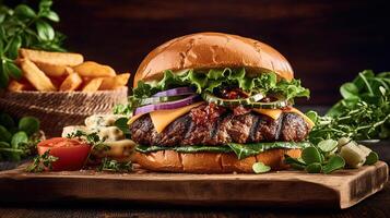 Delicious Craft Beef Sandwich with Cheddar, Lettuce on Wooden Table Top. . photo