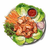 Samgyeopsal Korean food with lettuce, perilla leaves, sliced onions and raw garlic kimchi. photo