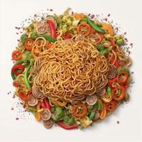 yakisoba es un japonés frito fideos plato hecho con fideos, repollo, vegetales y carne, adicional con salsa, ai generado. foto