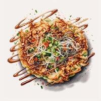 Okonomiyaki is Japanese food made from wheat flour, plus cabbage, chicken eggs, seafood or meat. . photo