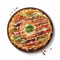 Okonomiyaki is Japanese food made from wheat flour, plus cabbage, chicken eggs, seafood or meat. . photo