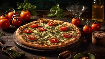 Herb Pesto and Tomato Pizza Making Ingredients on Wooden Table Closeup View. Generated by AI. photo