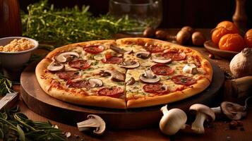 Italian Food Photography of Pepperoni and Mushroom Pizza on Wooden Board for Ready To Eat Concept. . photo