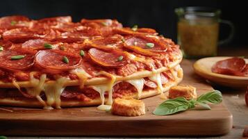 Slices of Roasted Chicken and Mushroom Pizza on Wooden Cutting Board for Italian Food Concept, Food Photography. . photo