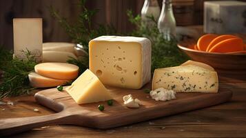 Different Kinds of Delicious Cheese with Rosemary on Wooden Table. . photo