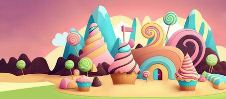 3D Render of Fantasy Colorful Candyland Background With Sweets, Clouds, Mountains Elements. photo