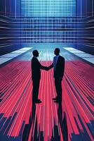 Two Businessmen Shaking Hands in Colorful Glitch Background. Technology. photo