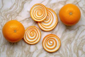 Whole and Slice Cut of Juicy Fresh Orange on Marble Background. Nutritious Fruits As healthy Dessert Containing Natural Vitamins . photo