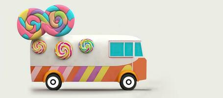 3D Render of Fantasy Colorful Food Truck of Candyland Element. photo