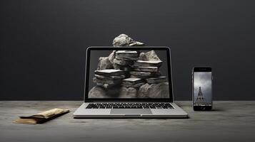 Laptop or Notebook Computer with Rock Stack Image and Smartphone Display on Gray Background. . photo