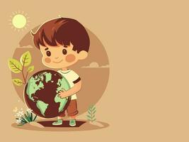 Smiley Boy Character Holding Earth Globe On Sun Nature Pastel Orange Background. Save Earth or World Environment Day Concept. photo