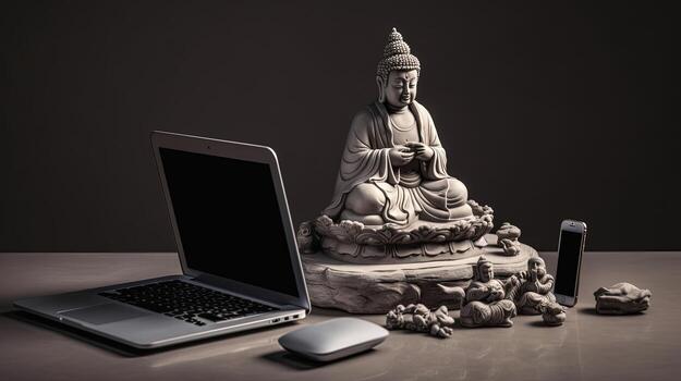 Digital Laptop with Magic Mouse, Smartphone and Statue of Buddha on Dark Background, Technology. photo