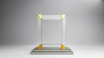 3D Render Glass Frame Stand or Product Display Podium On Gray Background. photo