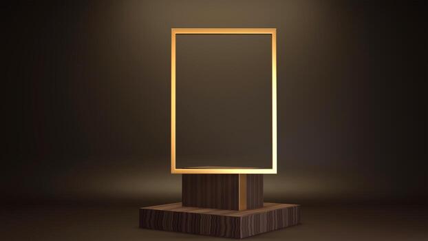 3D Rendering Golden Rectangle Frame or Display On Wooden Podium With Copy Space. photo