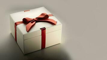 3D Render of Pastel Brown Gift Box With Red Silk Bow Ribbon And Copy Space. photo