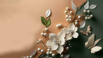 3D Render of Soft Color Floral Branch And Cartoon Butterfly Against Peach And Green Background And Copy Space. photo