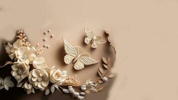 3D Render of Pastel Brown Decorative Volumetric Floral Branch And Butterflies. photo