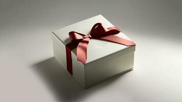 3D Render of Grey Gift Box With Red Silk Bow Ribbon And Copy Space. photo