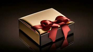 3D Render of Golden Gift Box With Red Silk Bow Ribbon On Brown Wooden Texture Background And Copy Space. photo