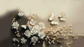 3D Render Of Pastel Color Flowers, Leaves And Cartoon Butterfiles On Brown Background. photo