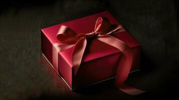 3D Render Of Matte Red Gift Box With Silk Bow Ribbon On Brown Wooden Texture Background And Copy Space photo