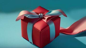 3D Render of Matte Red Gift Box With Silk Bow Ribbon On Turquoise Background and Copy Space. photo