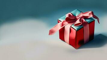 3D Render of Gift Box With Silk Bow Ribbon On Turquoise And Grey Background And Copy Space. photo