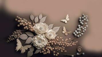 3D Render Of Pastel Brown Flower Bunch And Cartoon Butterfly Against Background. photo