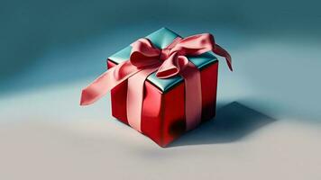 3D Render of Gift Box With Silk Bow Ribbon On Turquoise And Grey Background And Copy Space. photo