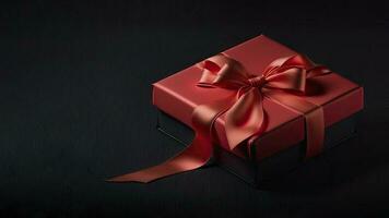 3D Render Of Gift Box With Red Silk Bow Ribbon On Black Wooden Texture Background And Copy Space photo