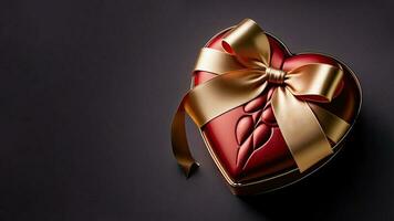 3D Render of Matte Red Heart Shape Gift Box With Golden Bow Ribbon On Brown Background And Copy Space. photo