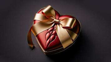 3D Render of Matte Red Heart Shape Gift Box With Golden Bow Ribbon On Brown Background And Copy Space. photo