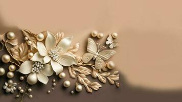 3D Render Of Golden Flowers And Pearls Decorative Background. photo