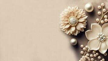 3D Render of Pastel Brown Flowers And Pearls Decorative Background And Copy Space. photo