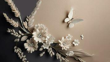 3D Render Of Pastel Brown Flowers, Leaves, And Cartoon Butterfly Against Background. photo