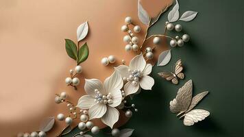 3D Render of Soft Color Floral Branch And Cartoon Butterfly Against Peach And Green Background And Copy Space. photo