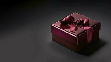 3D Render of Shiny Matte Red Gift Box With Silk Bow Ribbon On Black Background And Copy Space. photo
