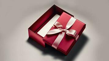 3D Render Of Open Gift Box With Silk Bow Ribbon On Grey Background And Copy Space. photo