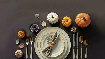 Top View of Dining Table Decorated With Pumpkin And Berries For Autumn Or Thanksgiving. 3D Render. photo