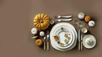 Top View of Autumn Or Thanksgiving Dining Table Decoration. 3D Render. photo