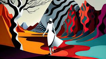 Woman walking through the hills. Mountain Background. Surrealism Concept. photo