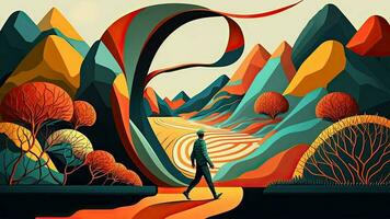 Man walking through the hills. Mountain Background. Surrealism Concept. photo