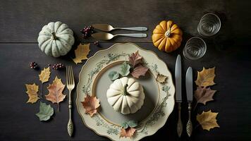 Top View of Dining Table Decorated With Pumpkins With Leaves And Berries For Autumn Or Thanksgiving. 3D Render. photo