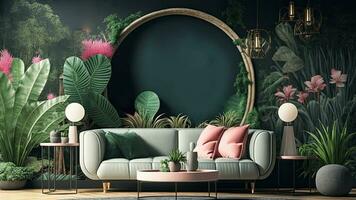 Tropical Interior Background With Sofa, Circular Frame And Light Lamps. 3D Rendering. photo