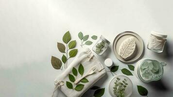 Top View of Ayurvedic Treatment Or Spa Ingredients With Leaves And Jar On Grey Background. 3D Rendering. photo